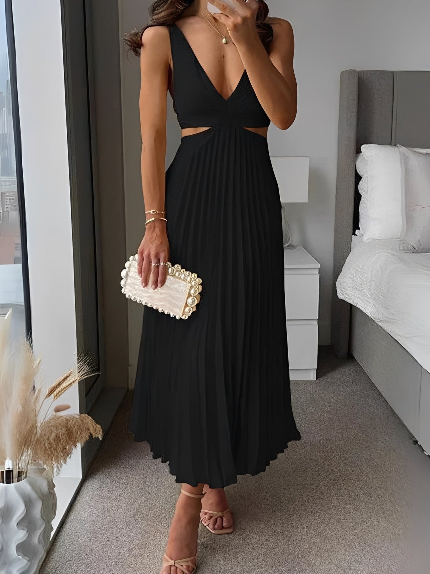 Jane - Stilvolles Plisseekleid mit offenem Taillenbereich für Damen