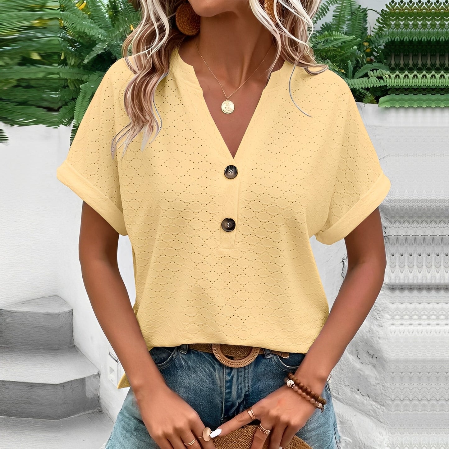 Jennifer - Elegantes Kurzarm-Top mit Knöpfen für Damen