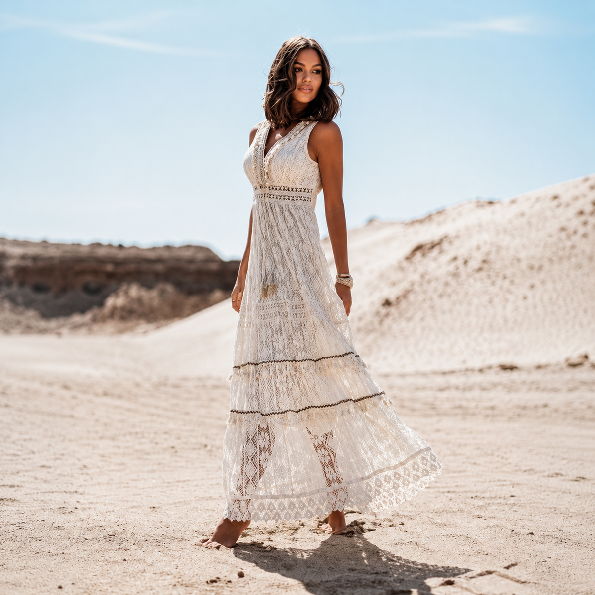 Flossie - Elegantes V-Ausschnitt Hochtaillen Maxikleid