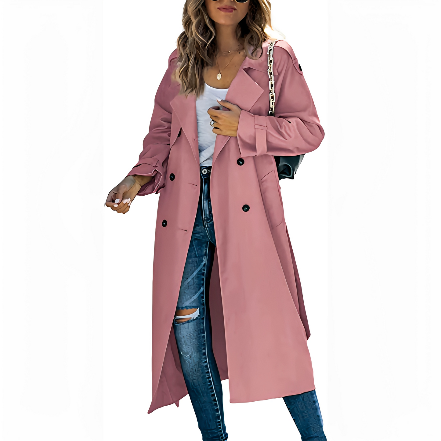Jodie - Eleganter langer Damen-Trenchcoat mit Zweireiher