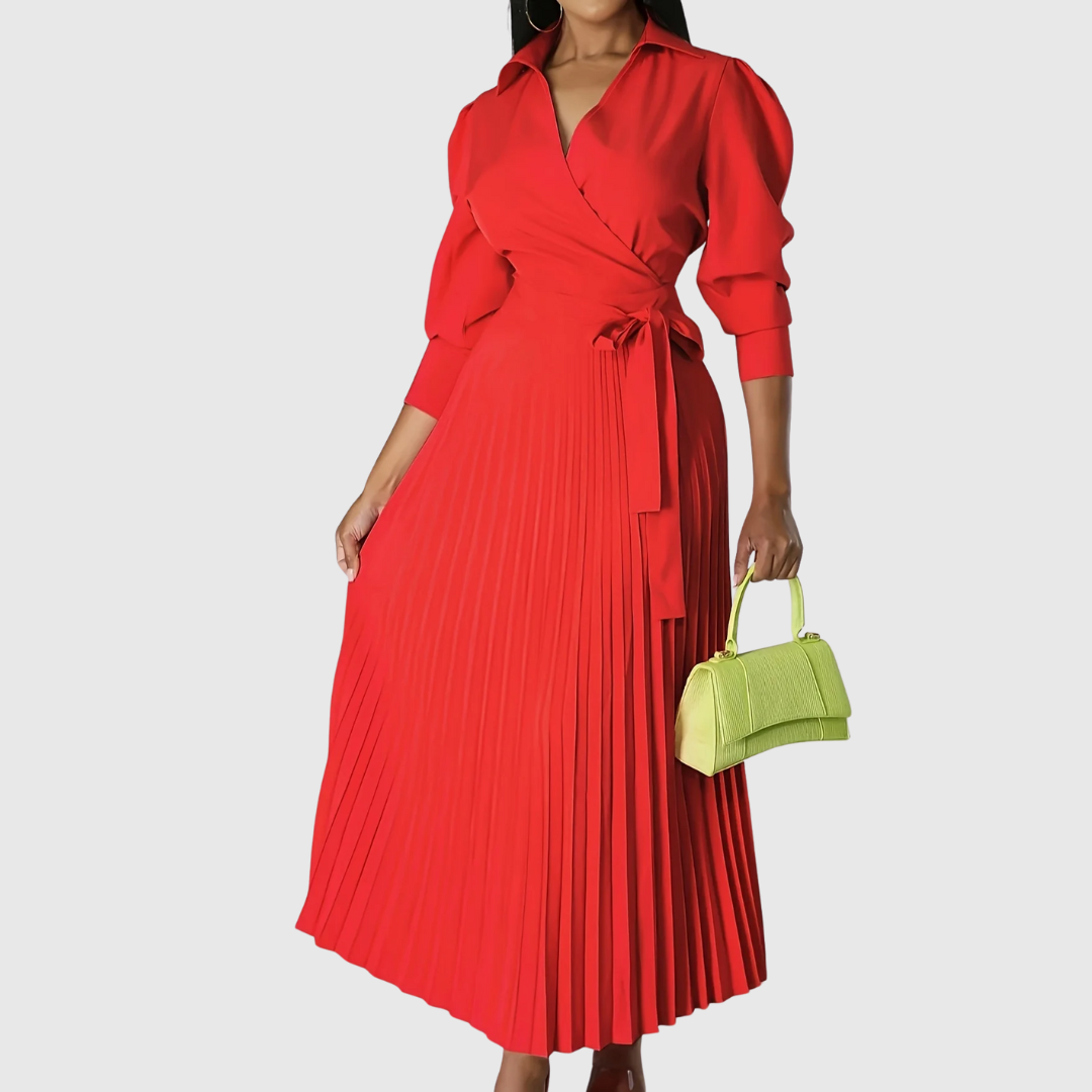 Elise – Stilvolles Midikleid mit V-Ausschnitt und plissiertem Detail