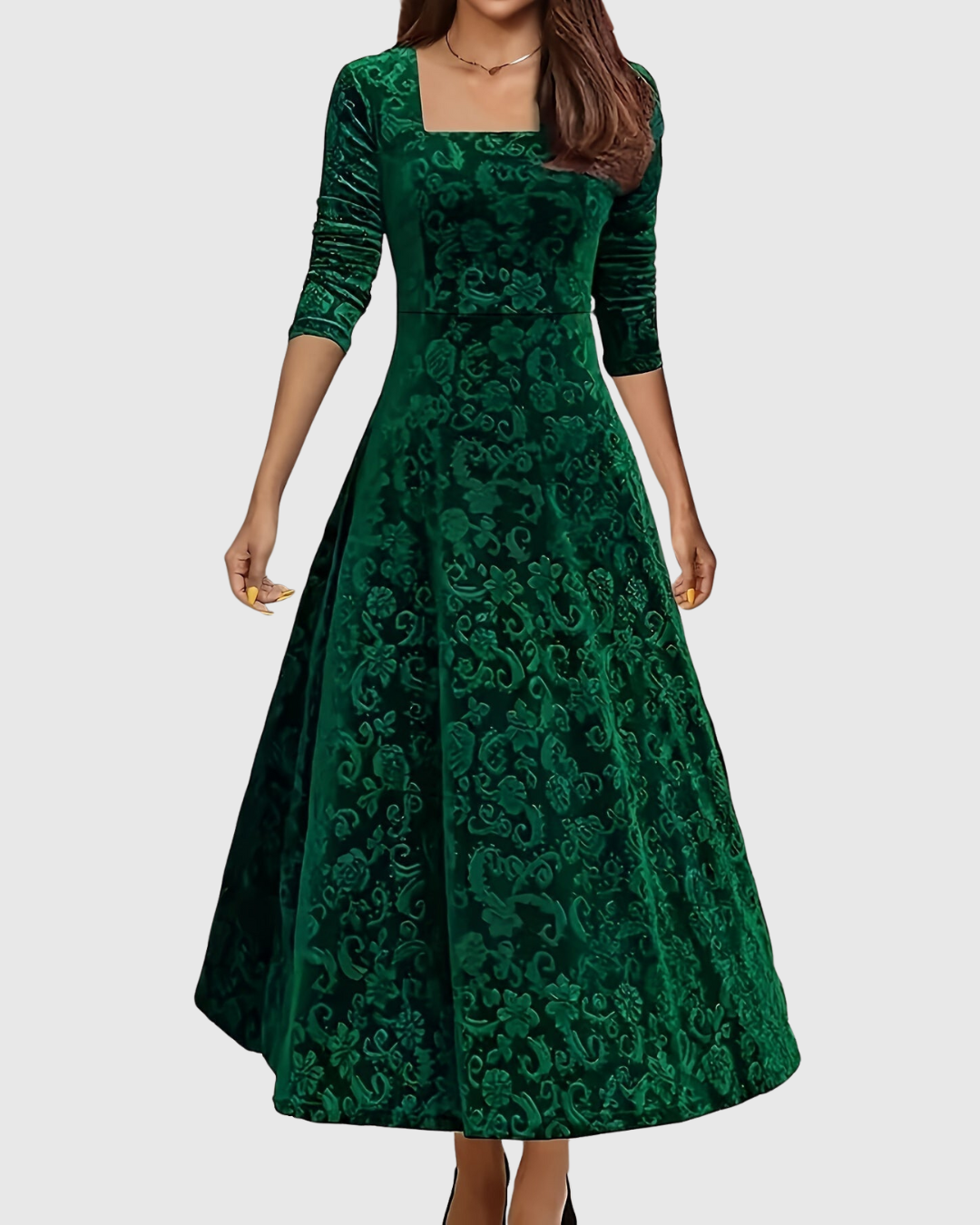 Amandine - Elegantes Midi-A-Linien Kleid aus floralem Samt