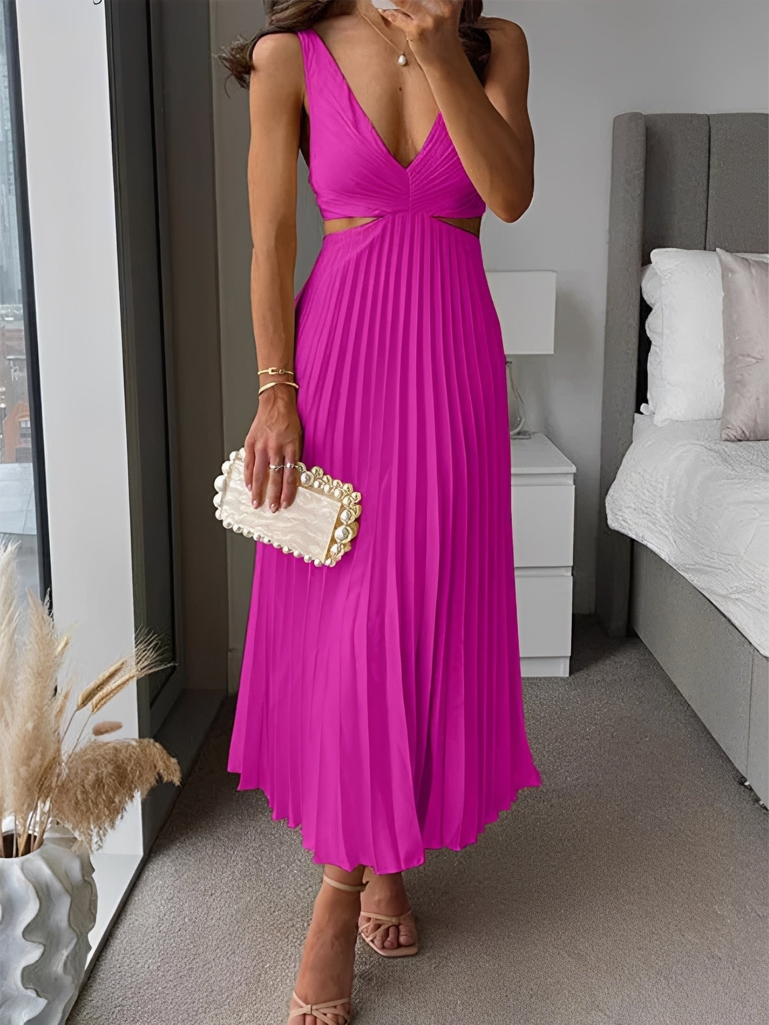 Jane - Stilvolles Plisseekleid mit offenem Taillenbereich für Damen