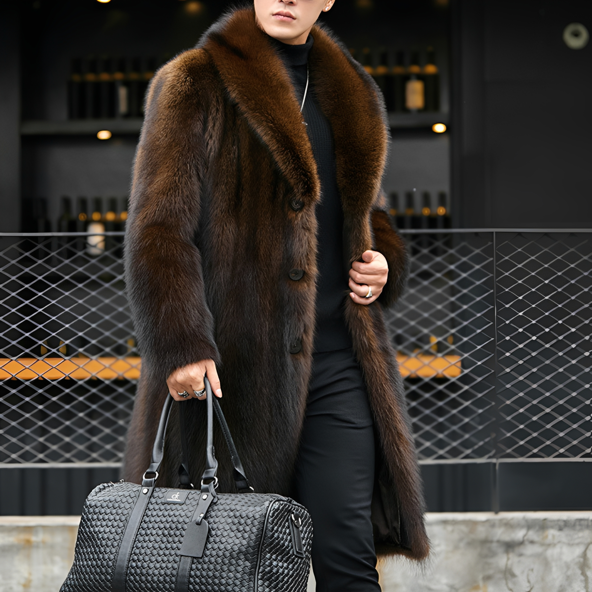 Matteo - Eleganter langer Herrenmantel mit Pelzbesatz