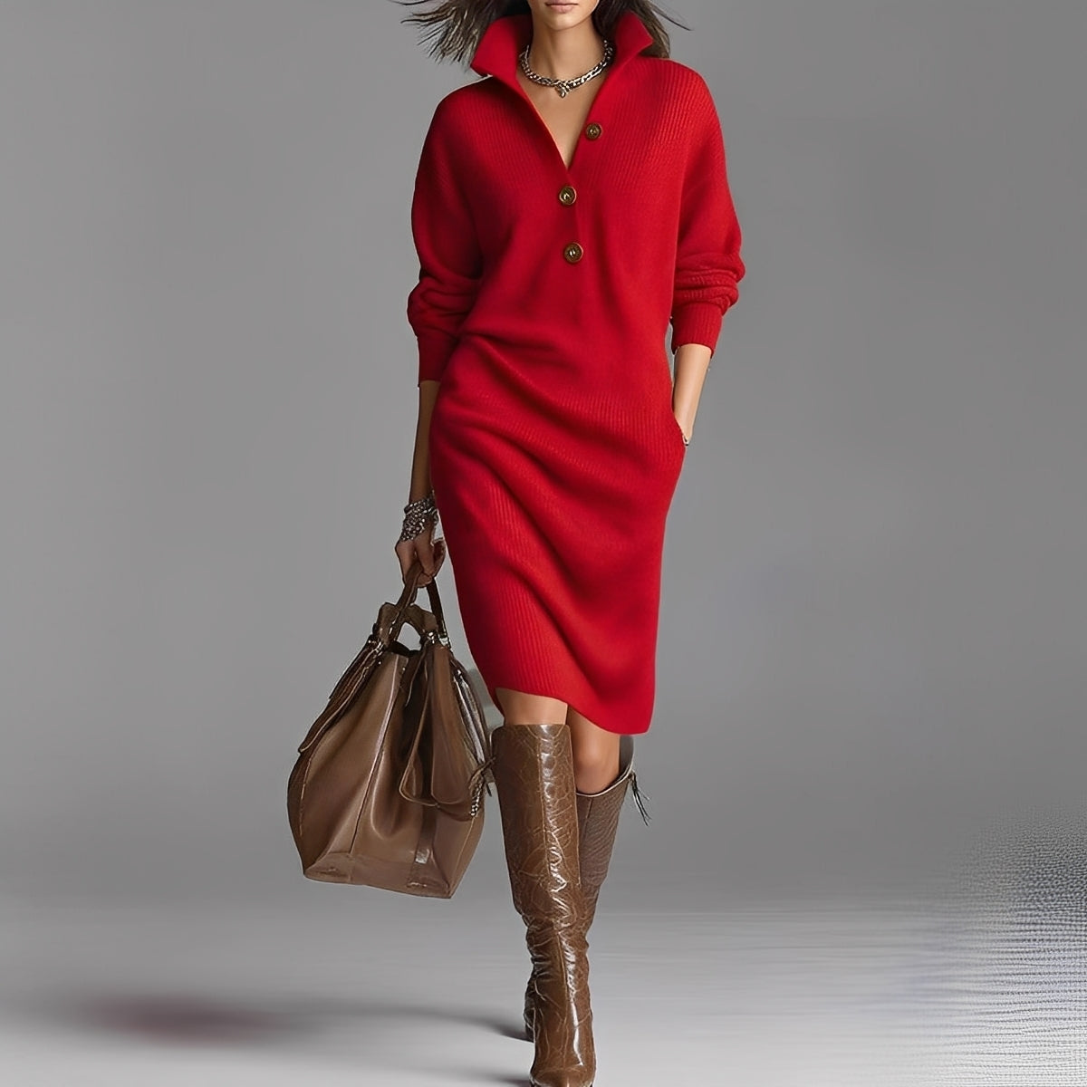 Camryn - Elegantes Damen-Strickkleid mit Knöpfen und Kragen