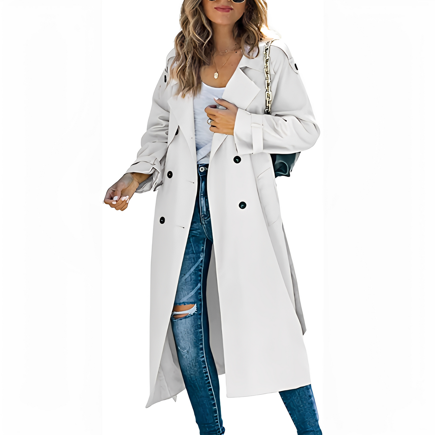 Jodie - Eleganter langer Damen-Trenchcoat mit Zweireiher