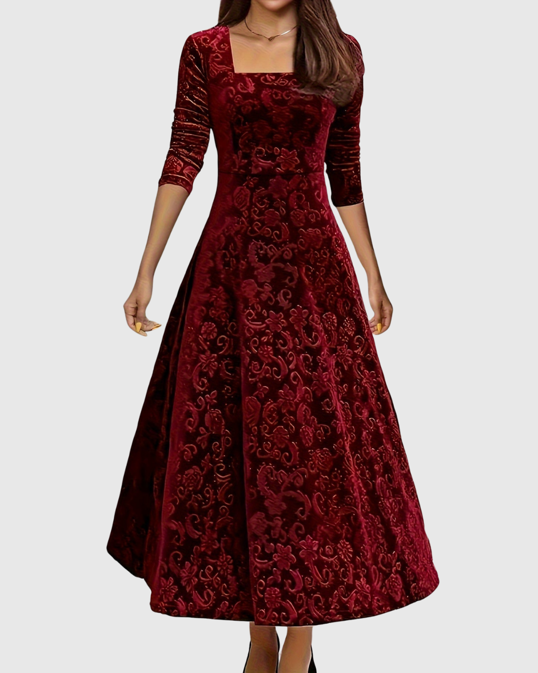 Amandine - Elegantes Midi-A-Linien Kleid aus floralem Samt