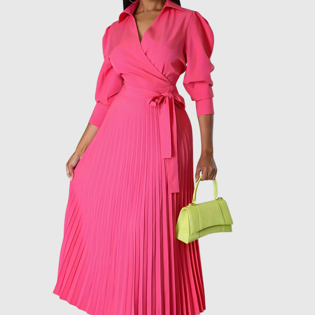Elise – Stilvolles Midikleid mit V-Ausschnitt und plissiertem Detail