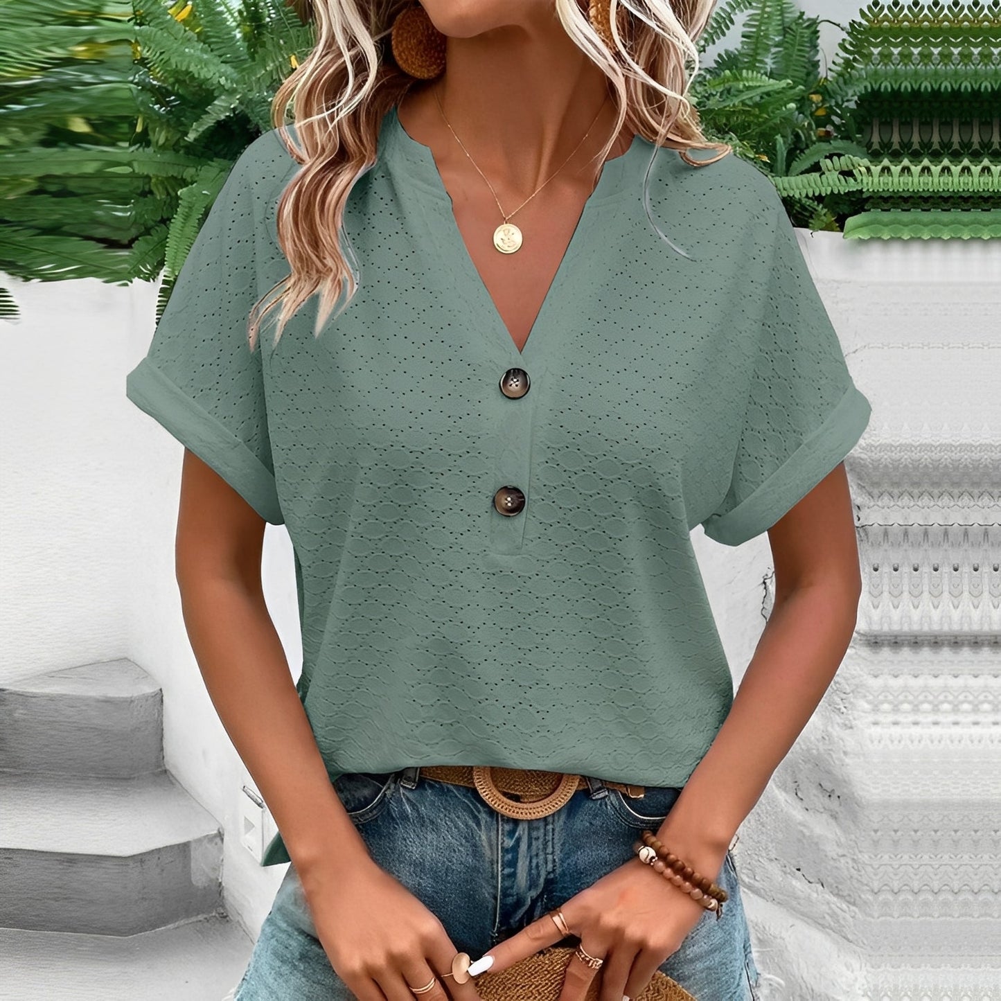 Jennifer - Elegantes Kurzarm-Top mit Knöpfen für Damen