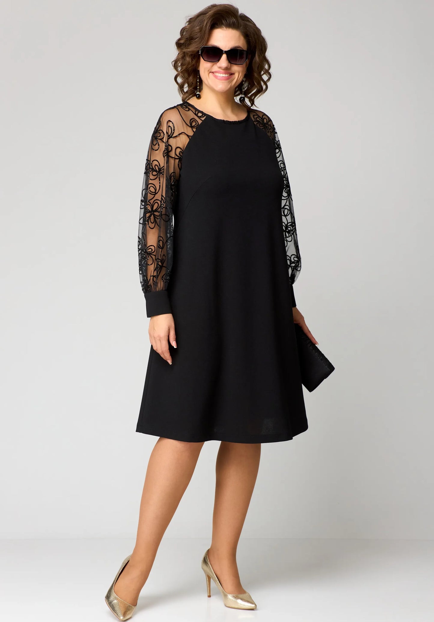 Gabrielle - A-Linien Kleid mit bestickten Mesh-Ärmeln