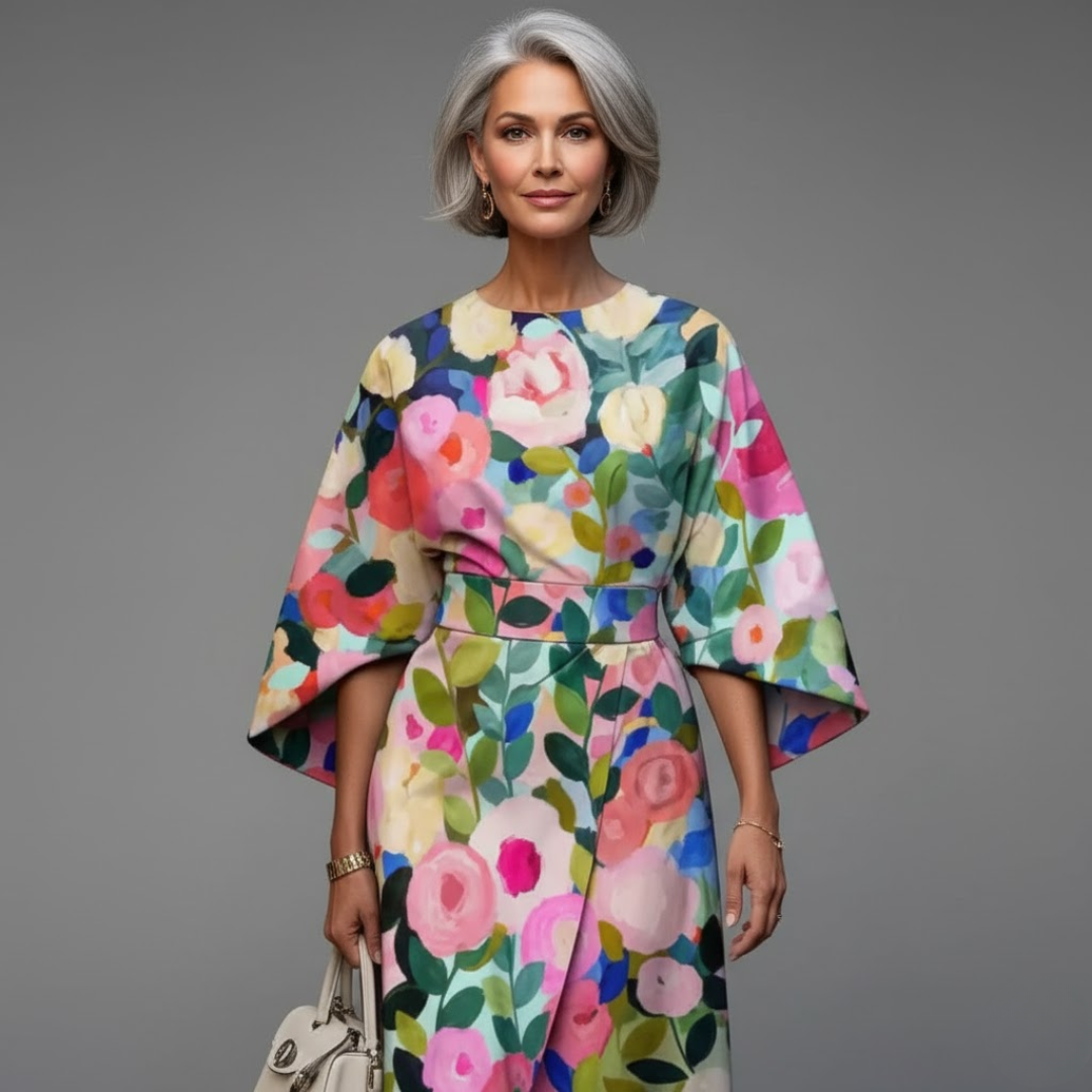Reina - Midi-Kleid mit Blumenmuster und betonter Taille