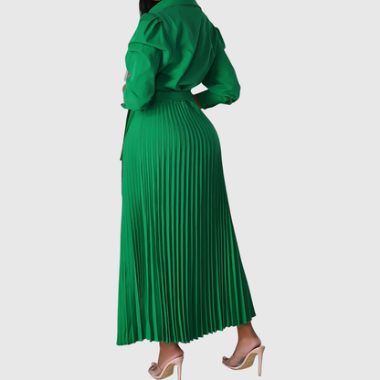 Elise – Stilvolles Midikleid mit V-Ausschnitt und plissiertem Detail