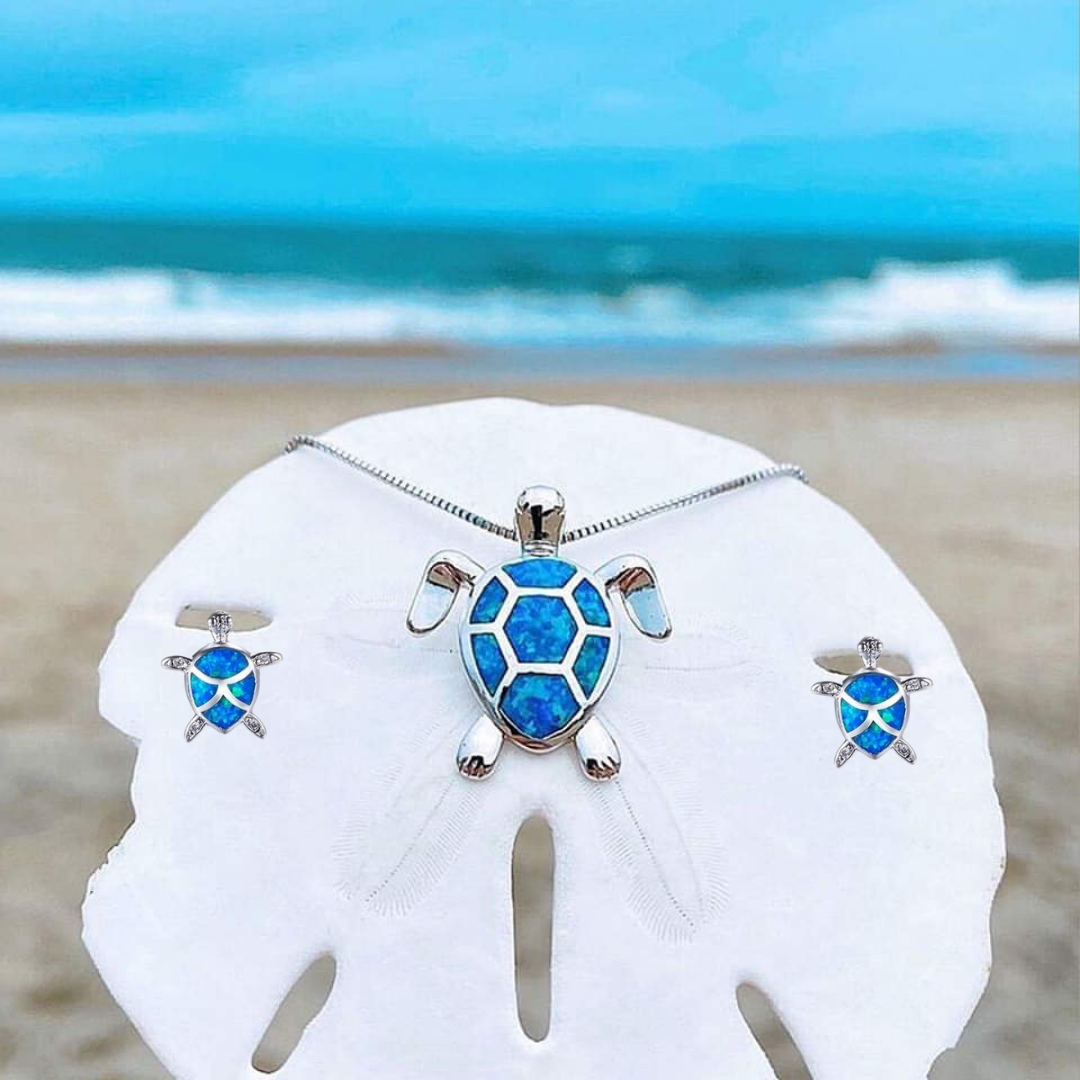 Kailea – Set von Schildkröten-Schmuck aus Opal und Silber (Halskette + Ohrringe)