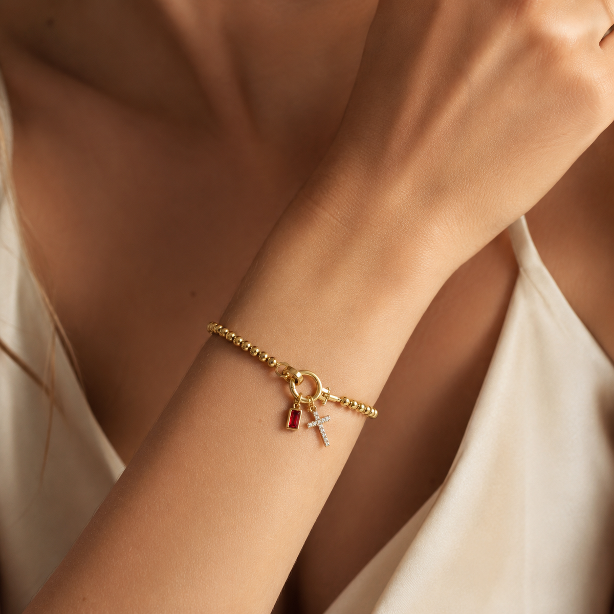 Eli – Armband mit Geburtsstein und Kreuzanhänger
