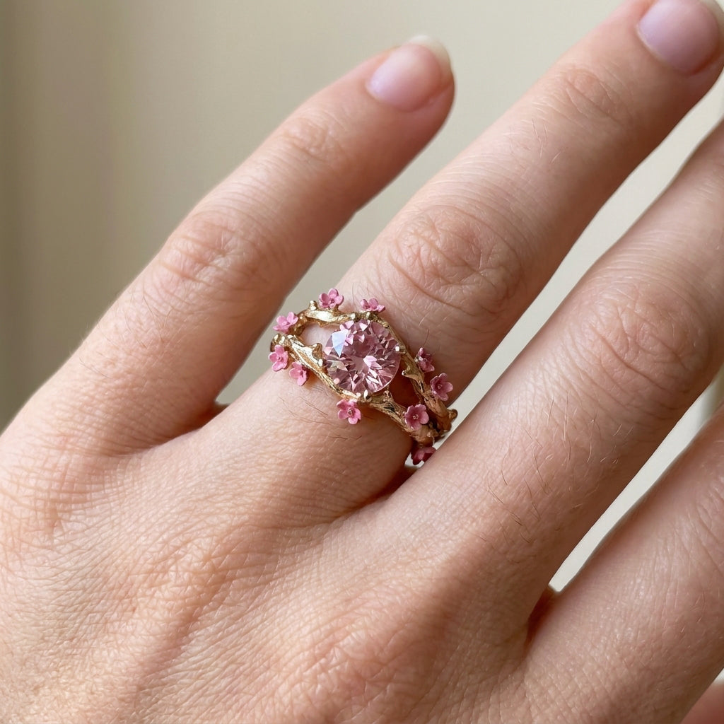 Elina – Verzauberte goldene Ring mit rosa Kristall und Blumen