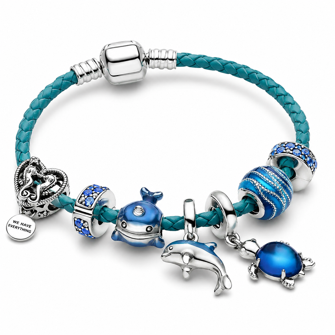 Ozean – Armband aus Leder und Silber mit Meerescharms