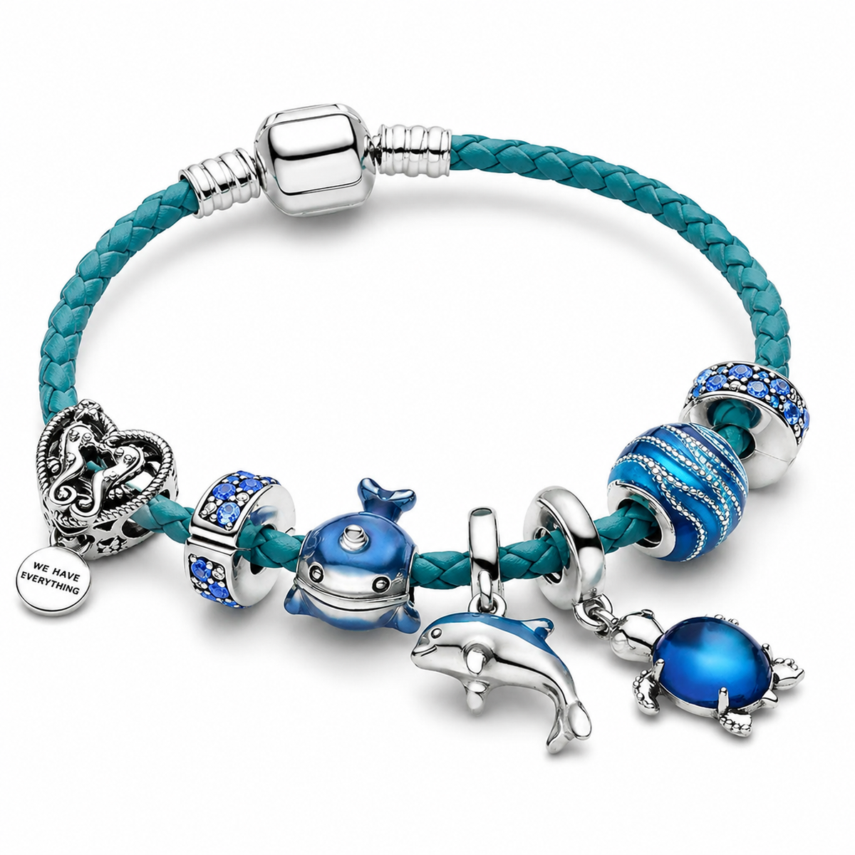 Ozean – Armband aus Leder und Silber mit Meerescharms