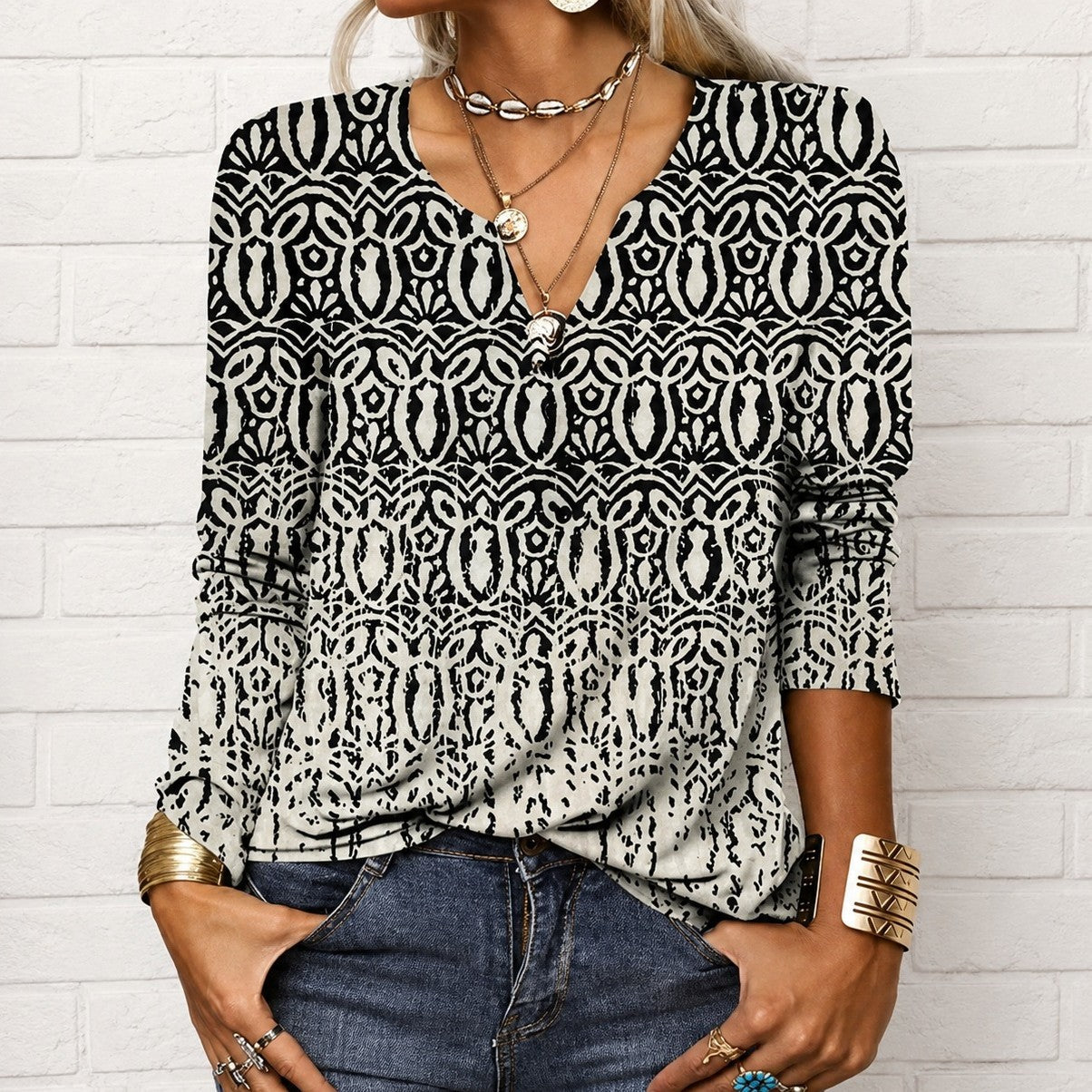 Katharina - Boho-Top mit langen Ärmeln und V-Ausschnitt