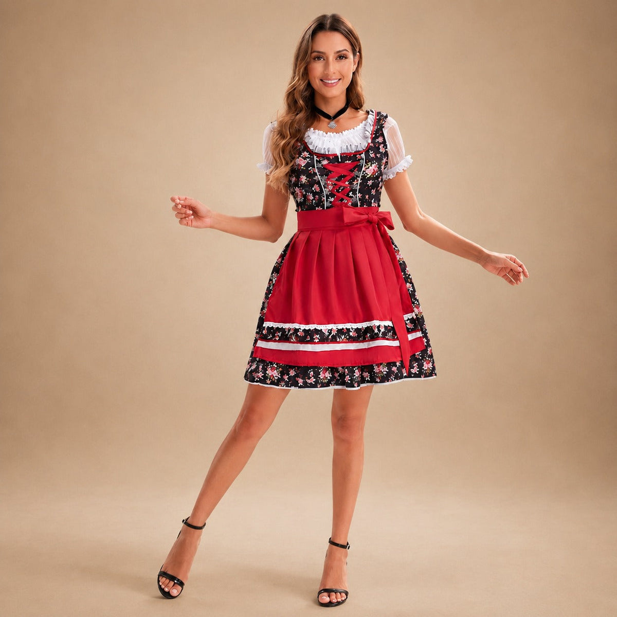 Angela - Schickes Oktoberfestkleid mit Blumenakzenten (Futter nicht enthalten)