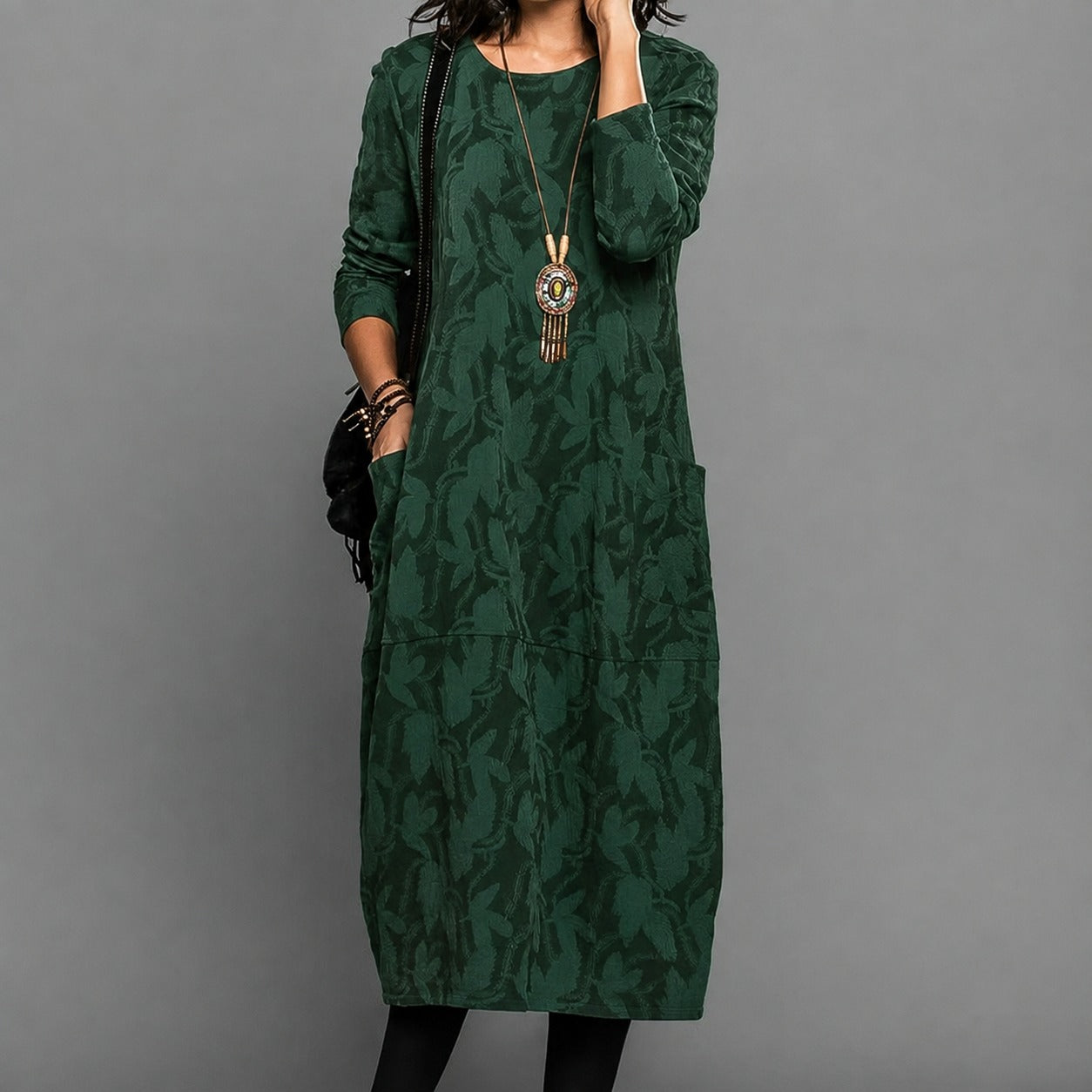 Alisha - Midi-Kleid mit Blumen und langen Ärmeln