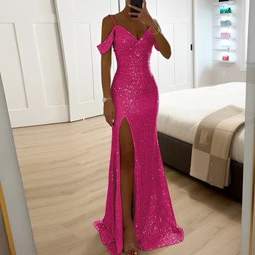 Lorena – Damen Abendkleid mit Glitzer, freien Schultern und Schlitz