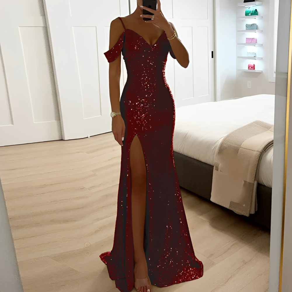 Lorena – Damen Abendkleid mit Glitzer, freien Schultern und Schlitz