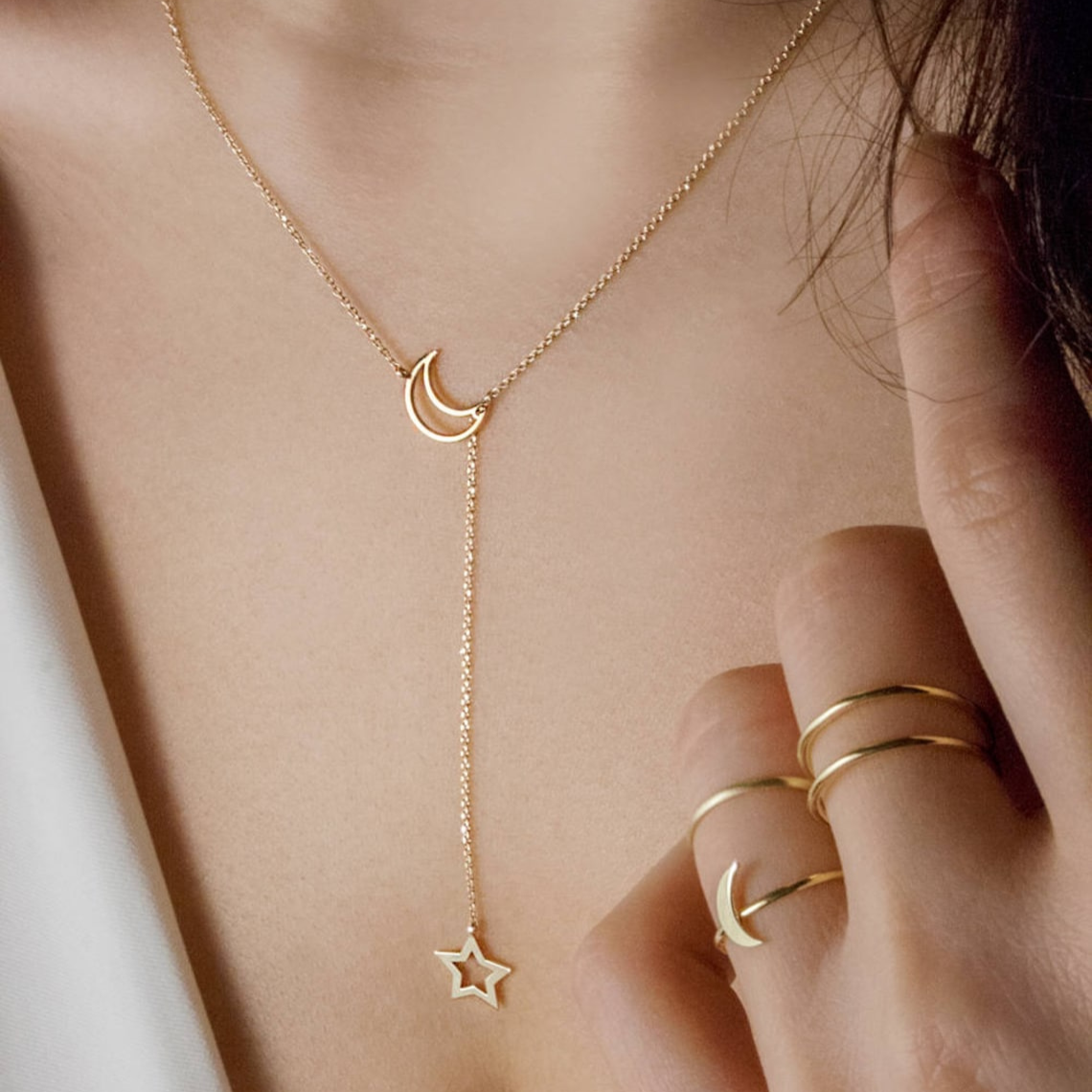 Mond und Stern - Halskette im Lariat-Stil