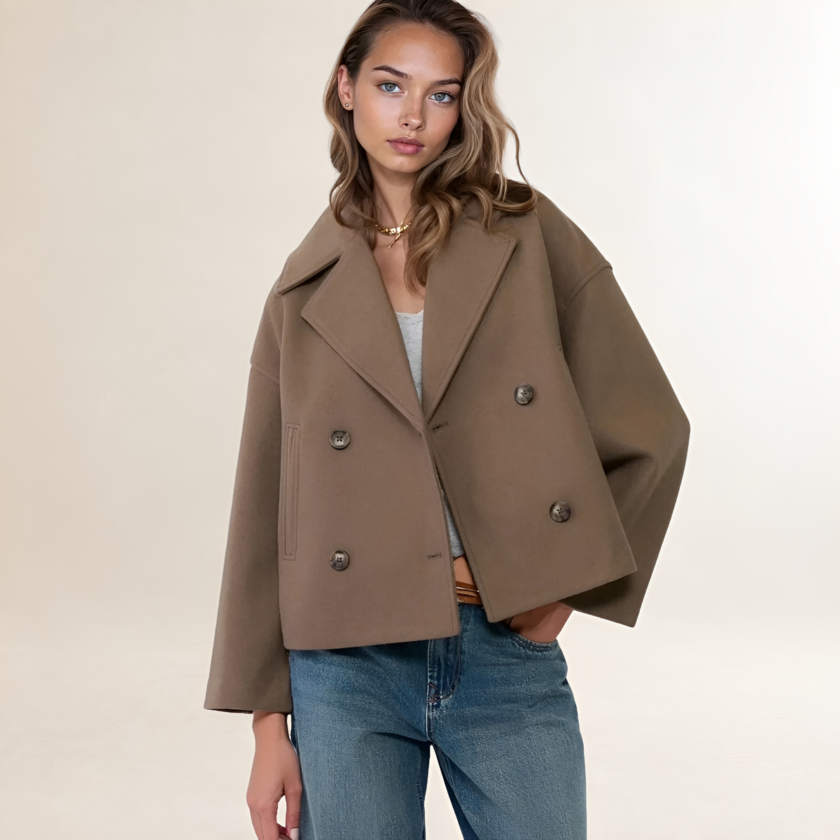 Damen Doppelreihige Jacke - Cropped Design, Reverskragen, Knopfverschluss