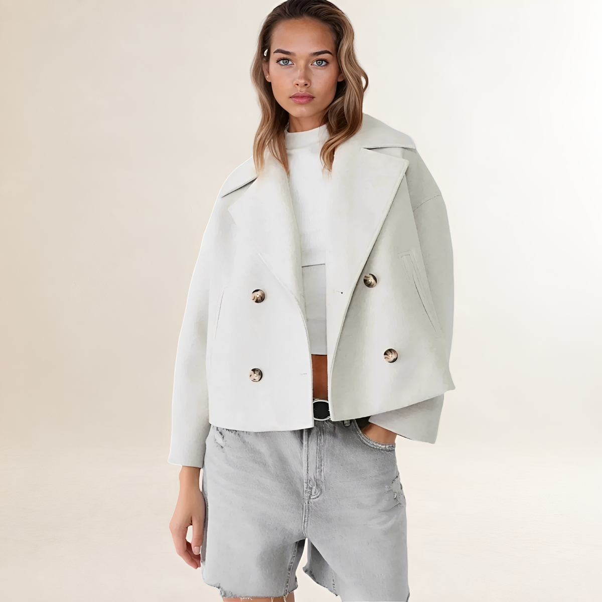 Damen Doppelreihige Jacke - Cropped Design, Reverskragen, Knopfverschluss