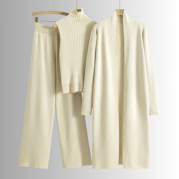 Damen Dreiteiler Set Relaxed Fit Rippoberteil und Weite-Hose mit Jacke