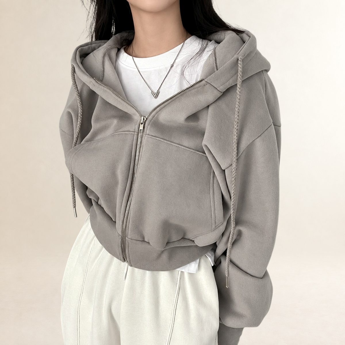 Damen Hoodie Kurzarm mit Kapuze und Reißverschluss - Lockerer Schnitt
