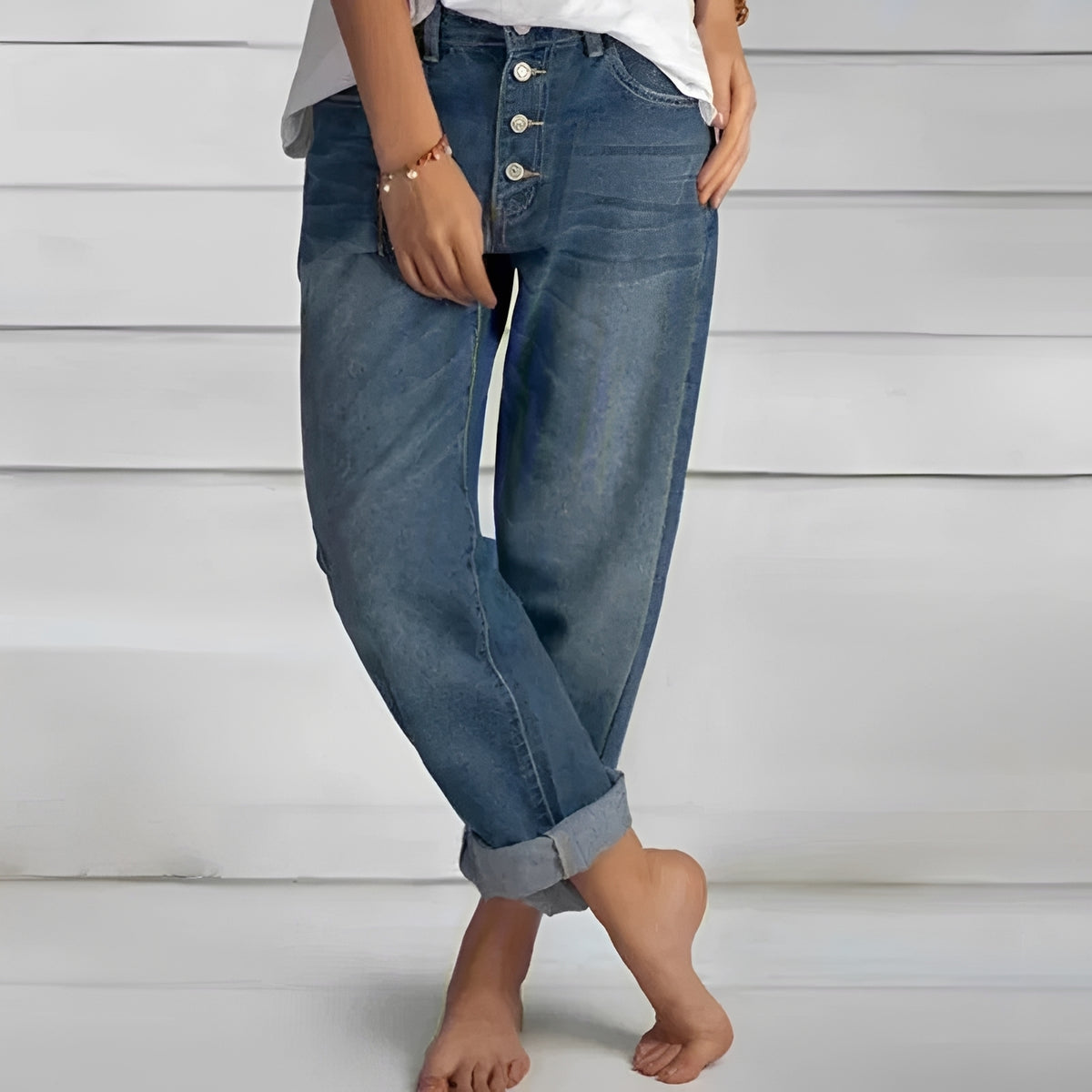 Damen Hose Jeans Hochtailliert Weit geschnitten mit Knopfverschluss und Umschlagbaspel