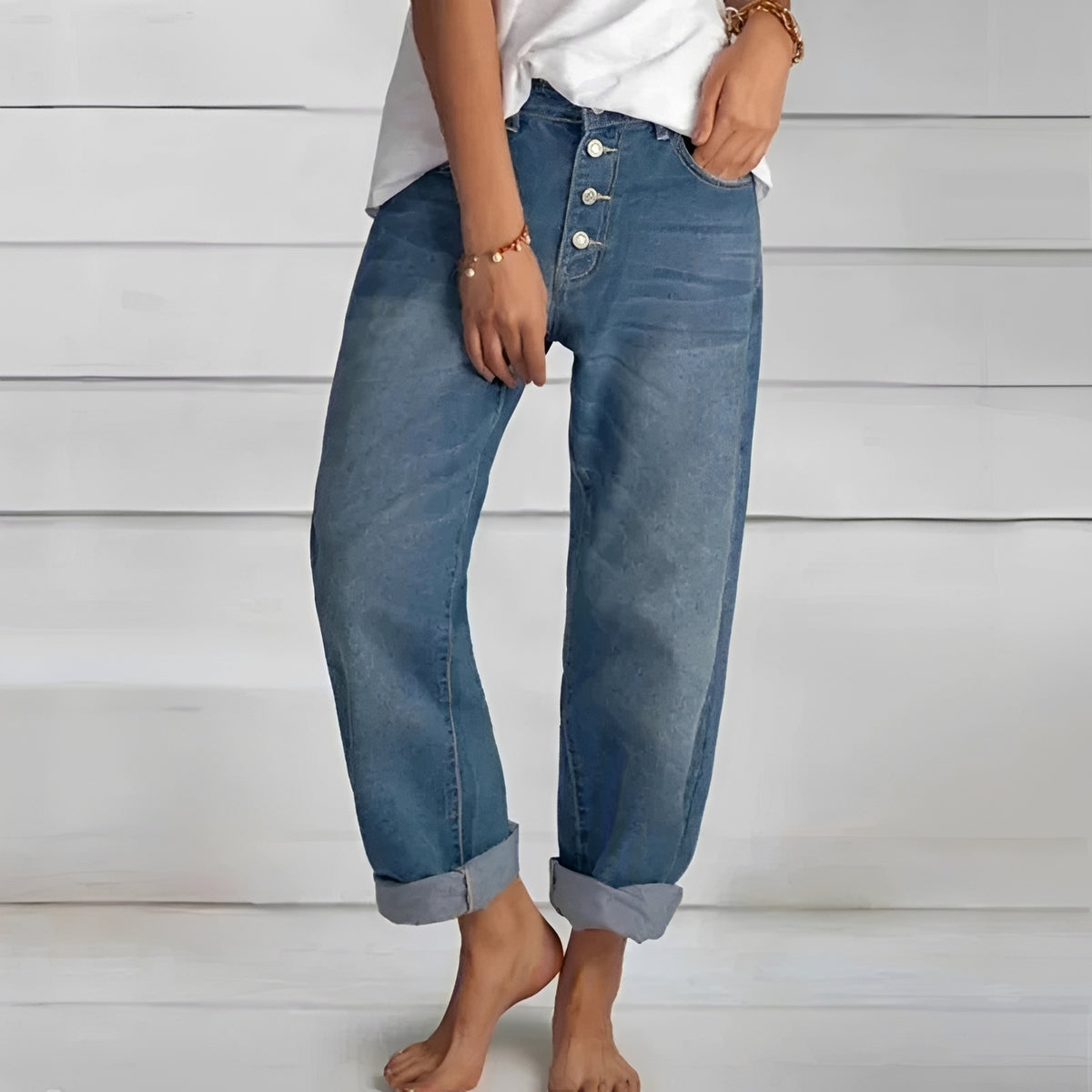 Damen Hose Jeans Hochtailliert Weit geschnitten mit Knopfverschluss und Umschlagbaspel