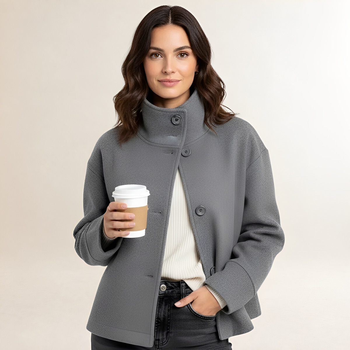 Damen Kurze Jacke - Hoher Kragen, Doppelknopfverschluss, Relaxed Fit