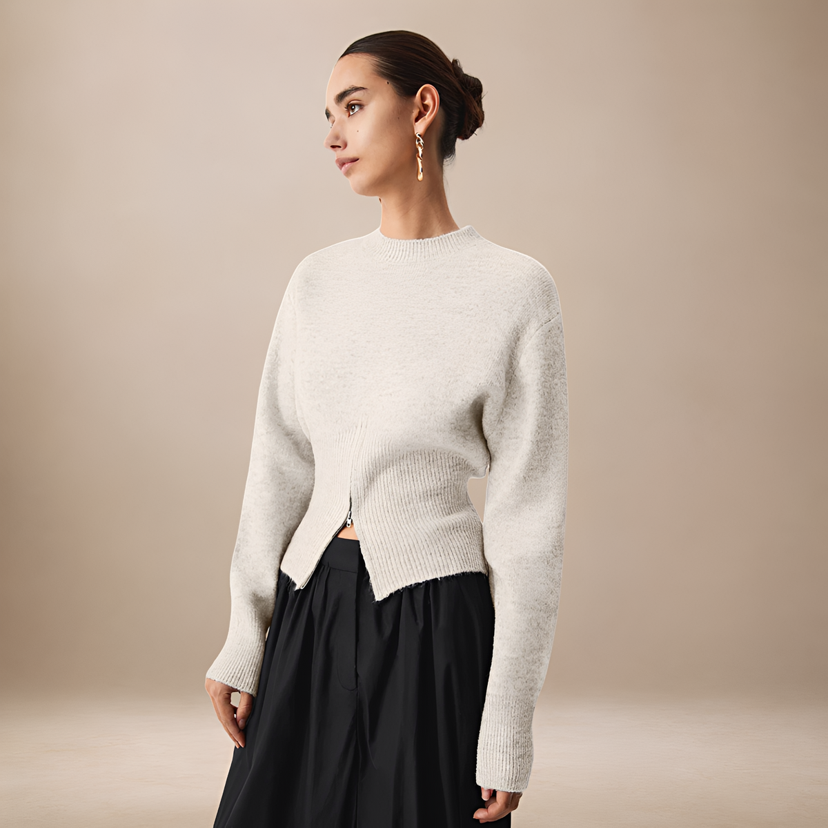 Damen Langarmpullover mit Half-Zip, Rundhalsausschnitt, Split-Design, Regular Fit
