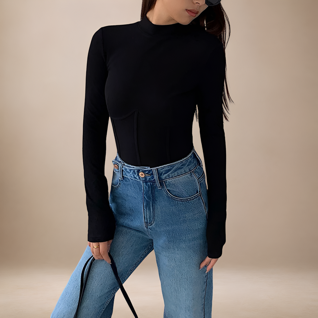 Damen Langarmshirt mit Rollkragen, Korsett-Details, Slim Fit