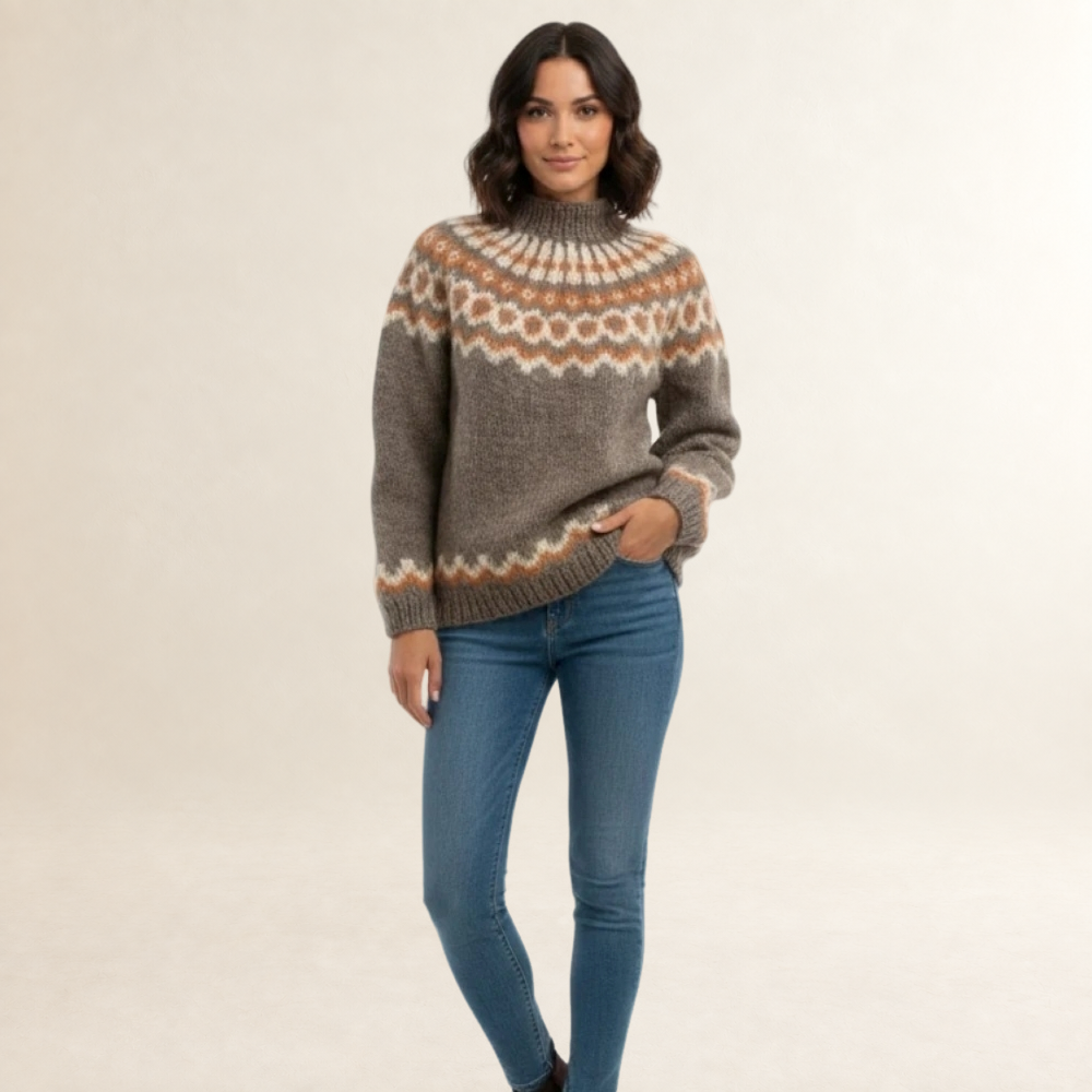 Damen Pullover - Nordischer Muster, Hoher Kragen, Relaxter Schnitt