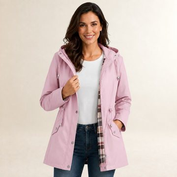 Damen Regenjacke mit Kapuze leichte Passform Reißverschluss mit Knopfleiste und Taillenzug