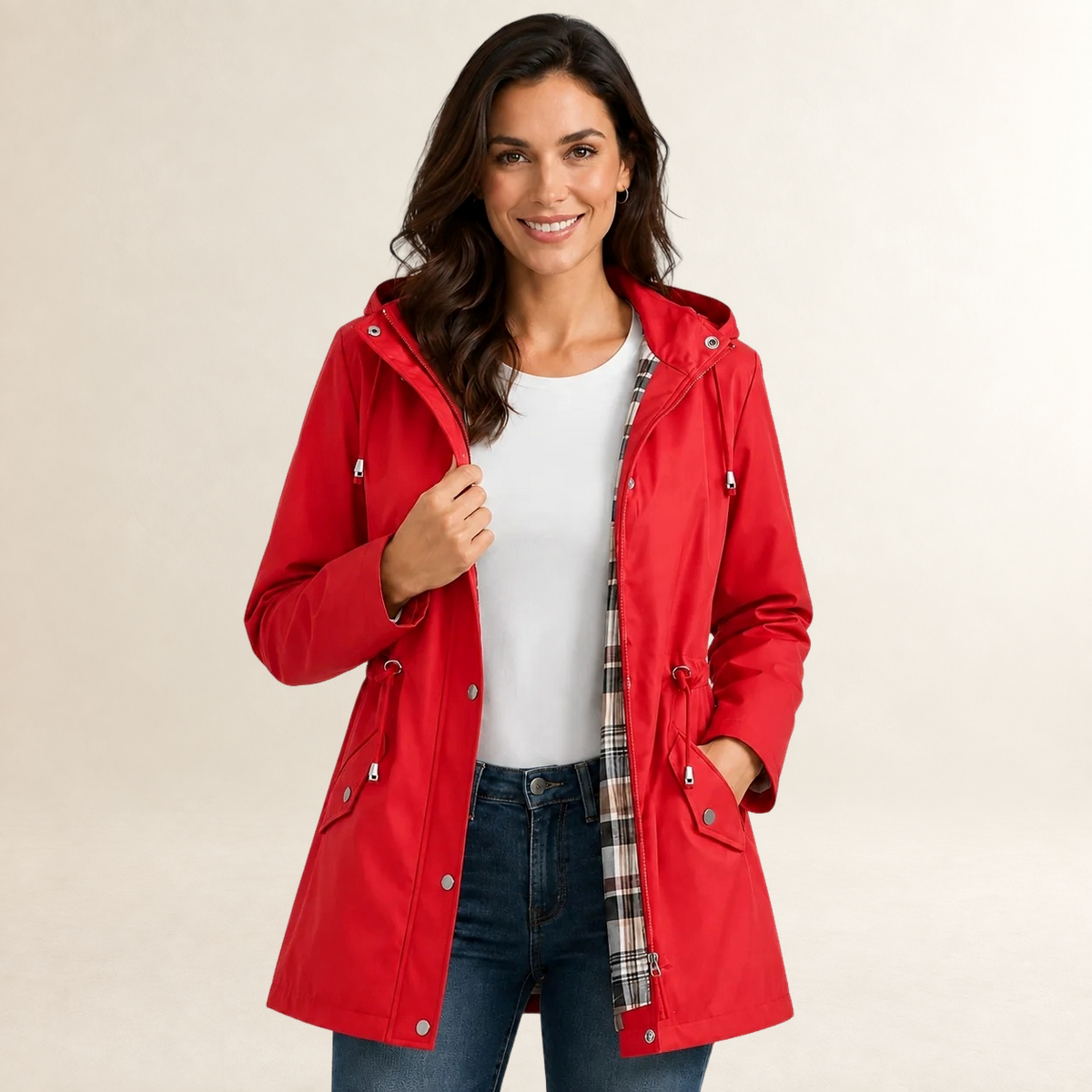 Damen Regenjacke mit Kapuze leichte Passform Reißverschluss mit Knopfleiste und Taillenzug