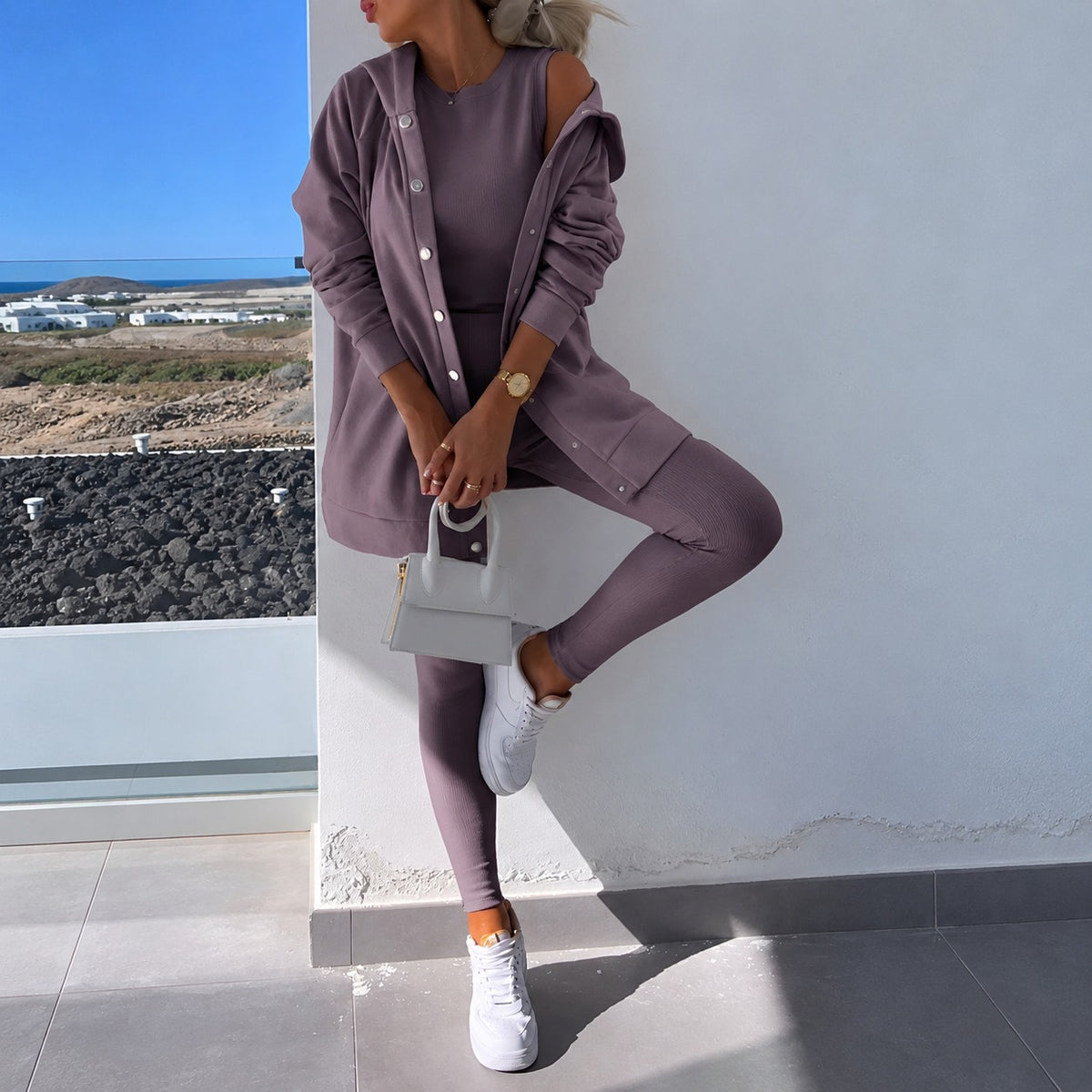 Damen Set aus Langarm-Cardigan mit Knopfleiste und enganliegenden Leggings