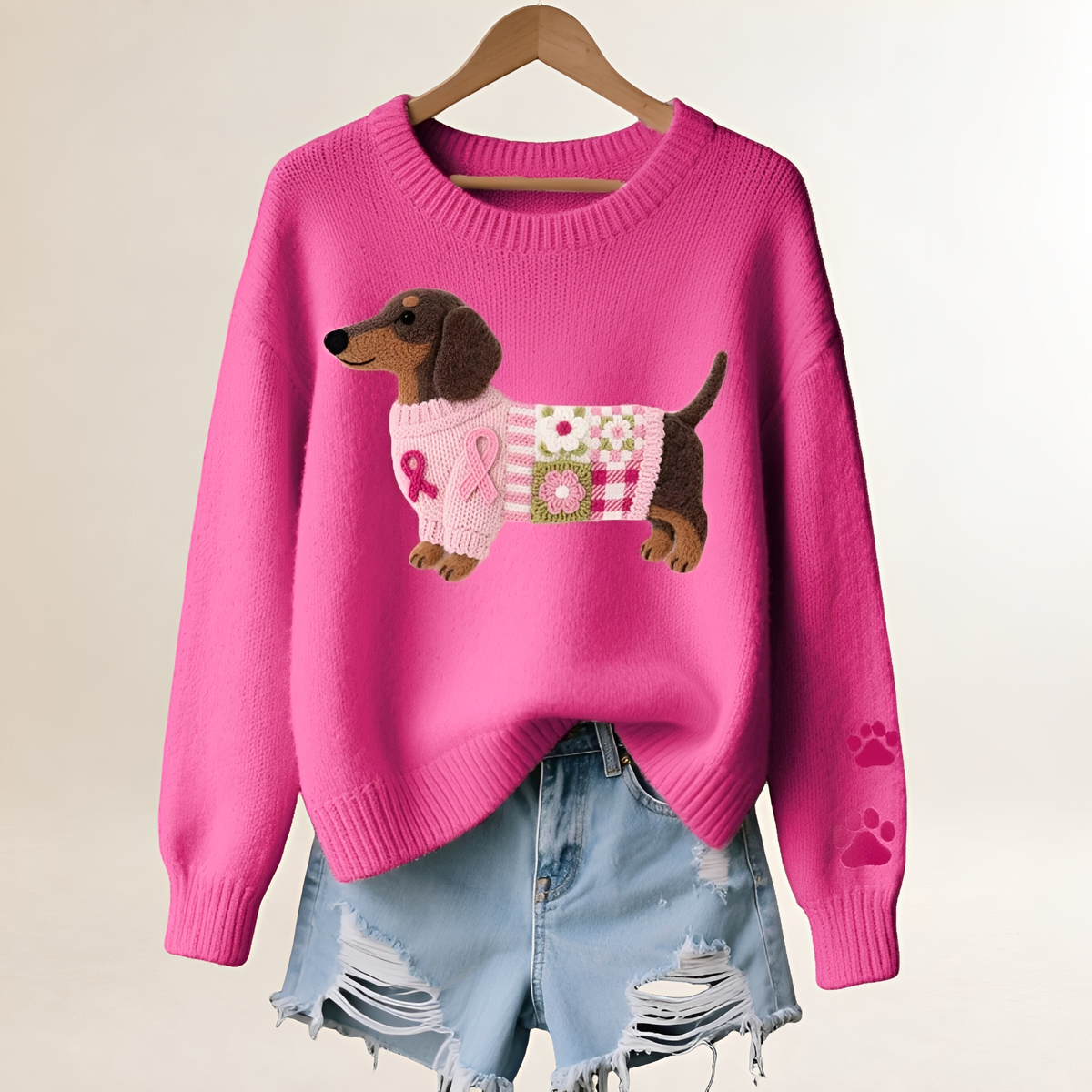 Damentauglicher Pullover mit Dackel-Motiv - V-Ausschnitt, Relaxter Schnitt, Verspieltes Patchwork