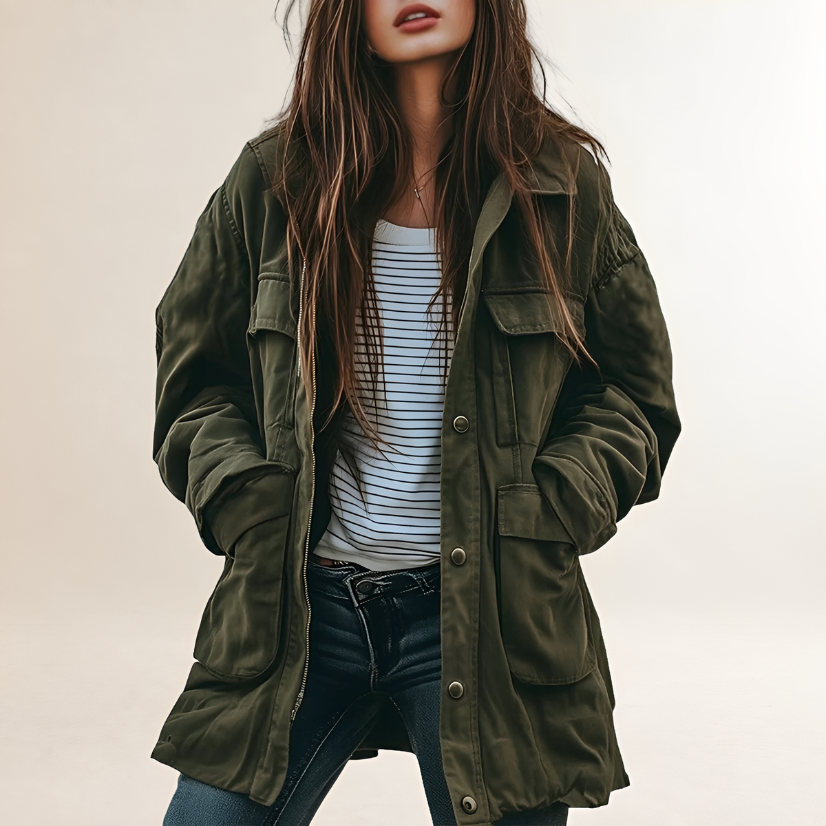 Damentoolboxjacke Militärstil mit Kapuze und Fronttaschen Relaxed Fit