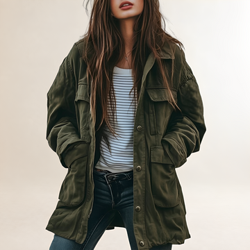 Damentoolboxjacke Militärstil mit Kapuze und Fronttaschen Relaxed Fit