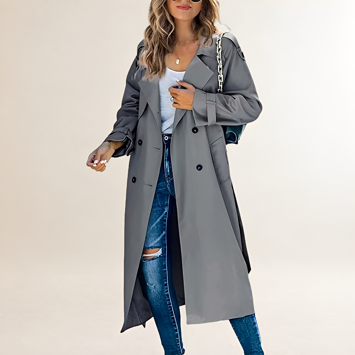 Damentraincoat Doppelreihig lang mit klassischen Revers und Seitentaschen