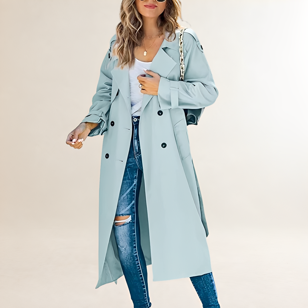 Damentraincoat Doppelreihig lang mit klassischen Revers und Seitentaschen