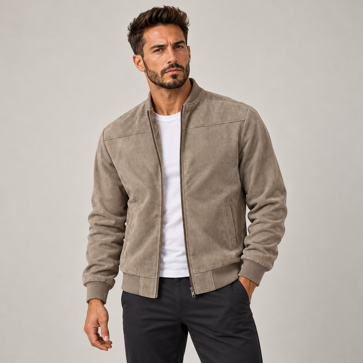 Herren Bomberjacke Zipverschluss Slim Fit Rippkragen und Bündchen
