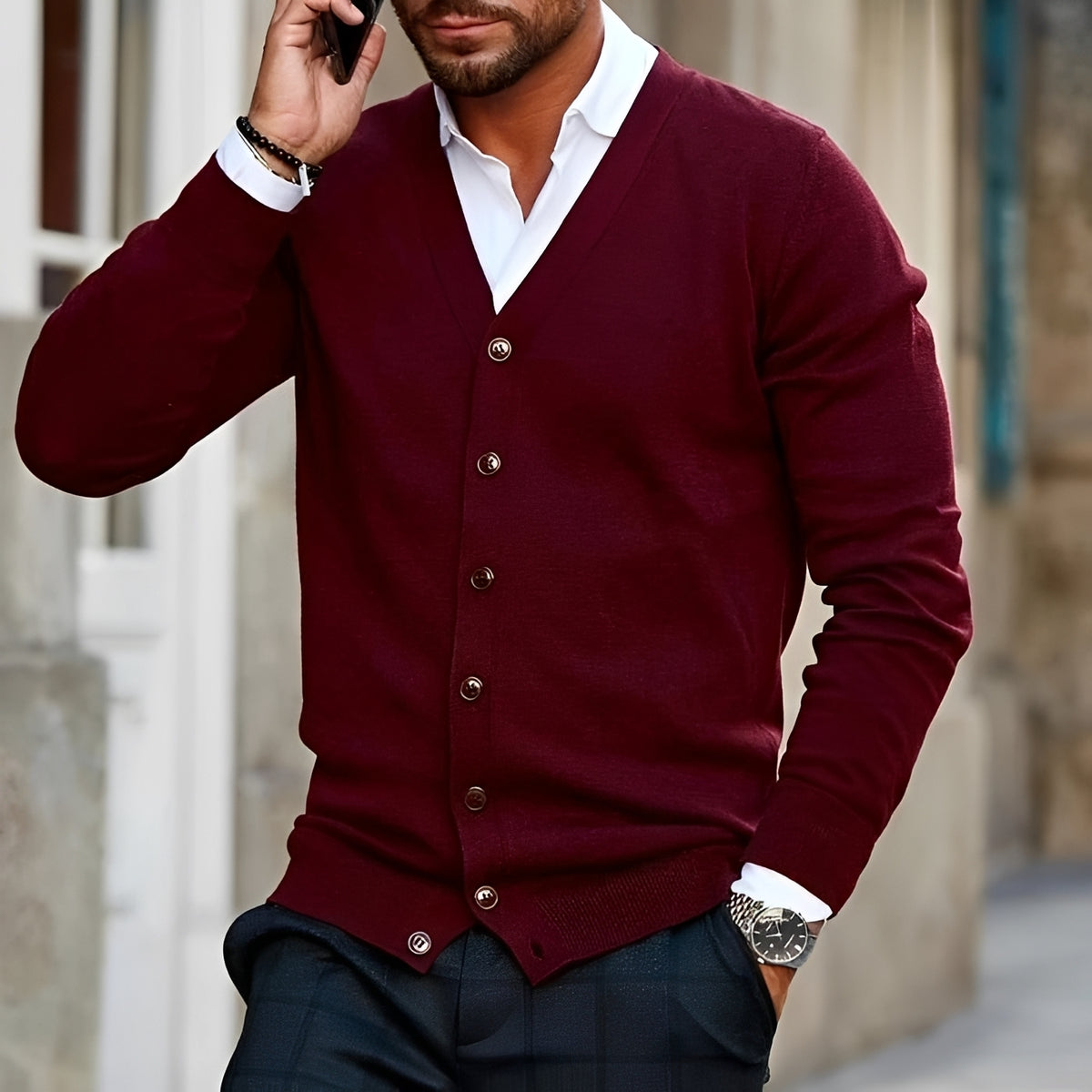 Herren Cardigan V-Ausschnitt Knopfleiste Langarm Freizeitpassform