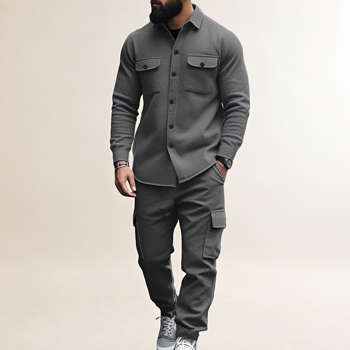 Herren Cargo Set mit Knopfverschluss Oberteil mit Brusttaschen und elastischer Bundhose