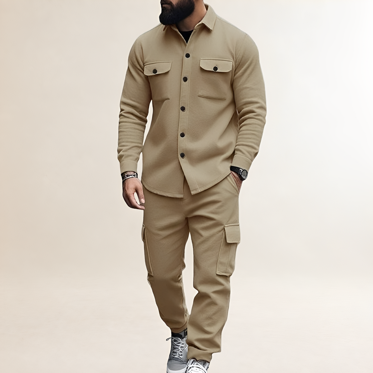 Herren Cargo Set mit Knopfverschluss Oberteil mit Brusttaschen und elastischer Bundhose