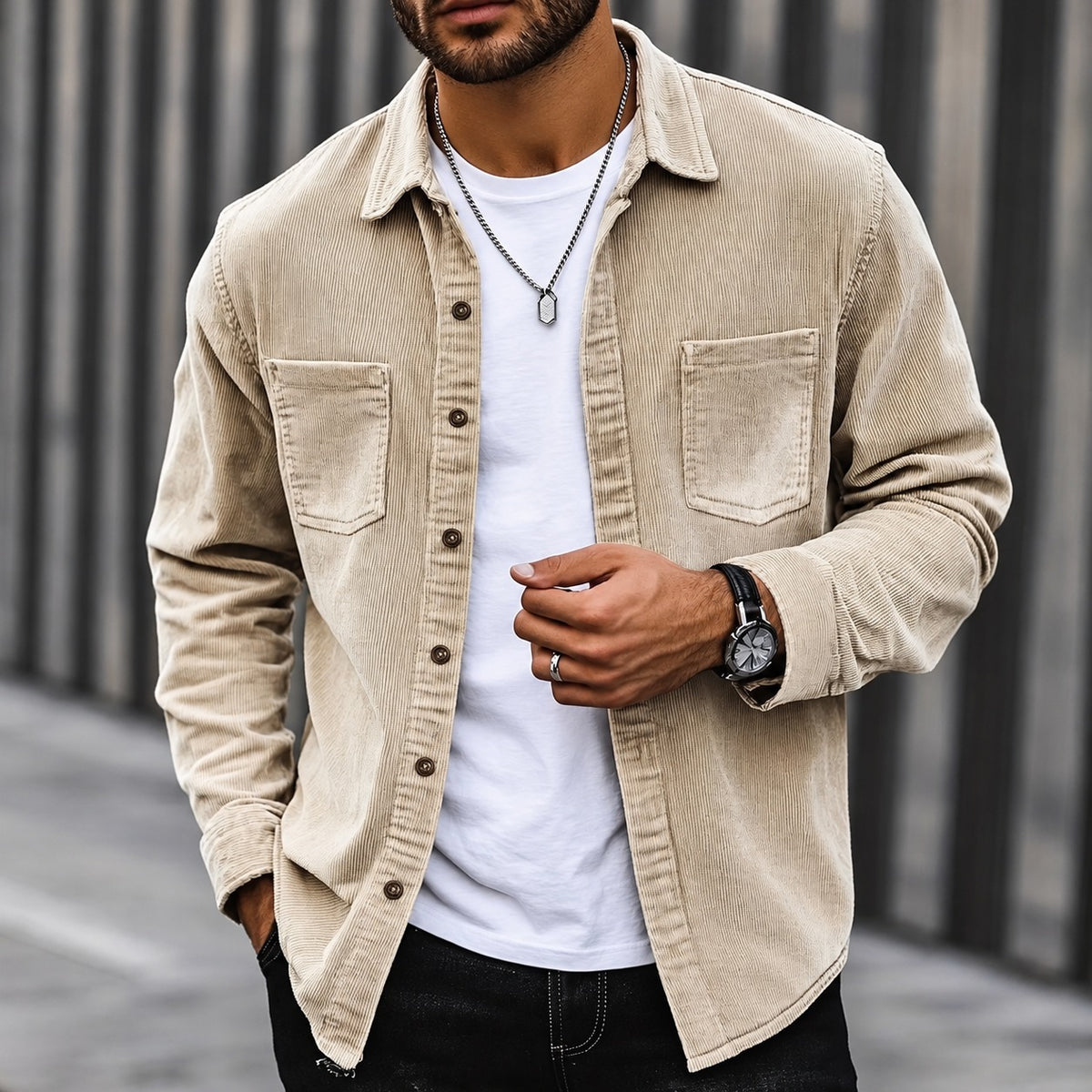 Herren Cordjacke Mit Knopfleiste, Klassischem Kragen und Zwei Brusttaschen